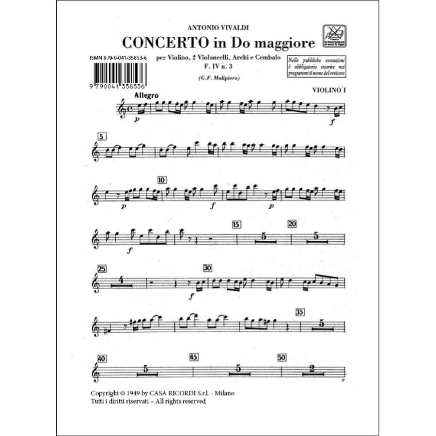 Antonio Vivaldi Concerto Per Vl. E Vc. Solisti, Archi E B.C.: Per 1 Vl. E 2 Vc. In Do Rv561,F.4-3-Tomo 53-Parti