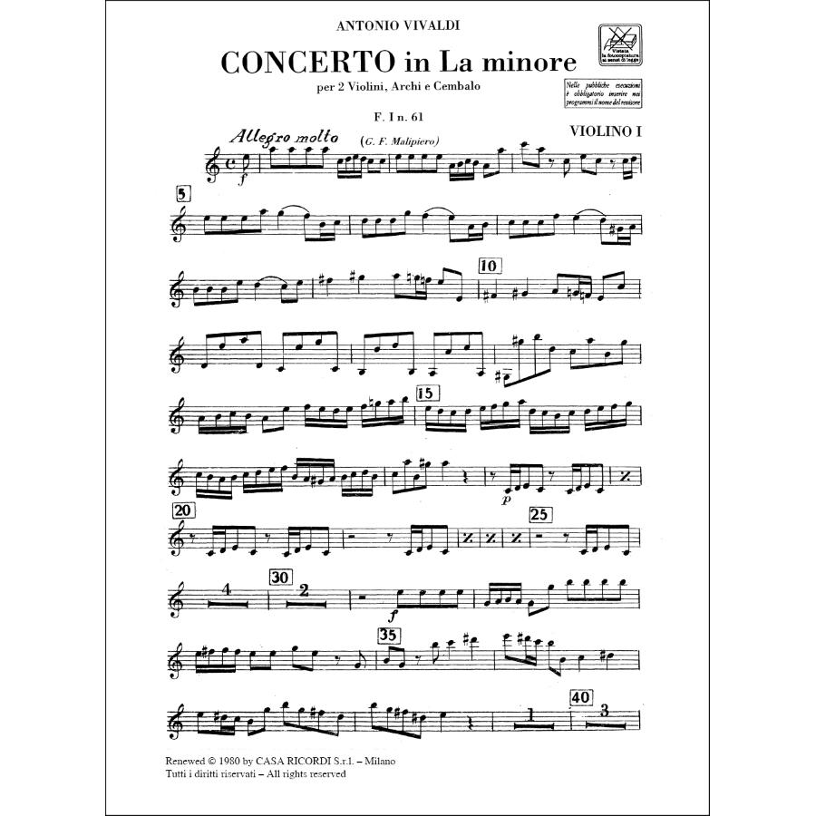 Antonio Vivaldi Concerto Per Vl. Archi E B.C.: Per 2 Vl In La Min Rv 523 - F.I/61 - Parti