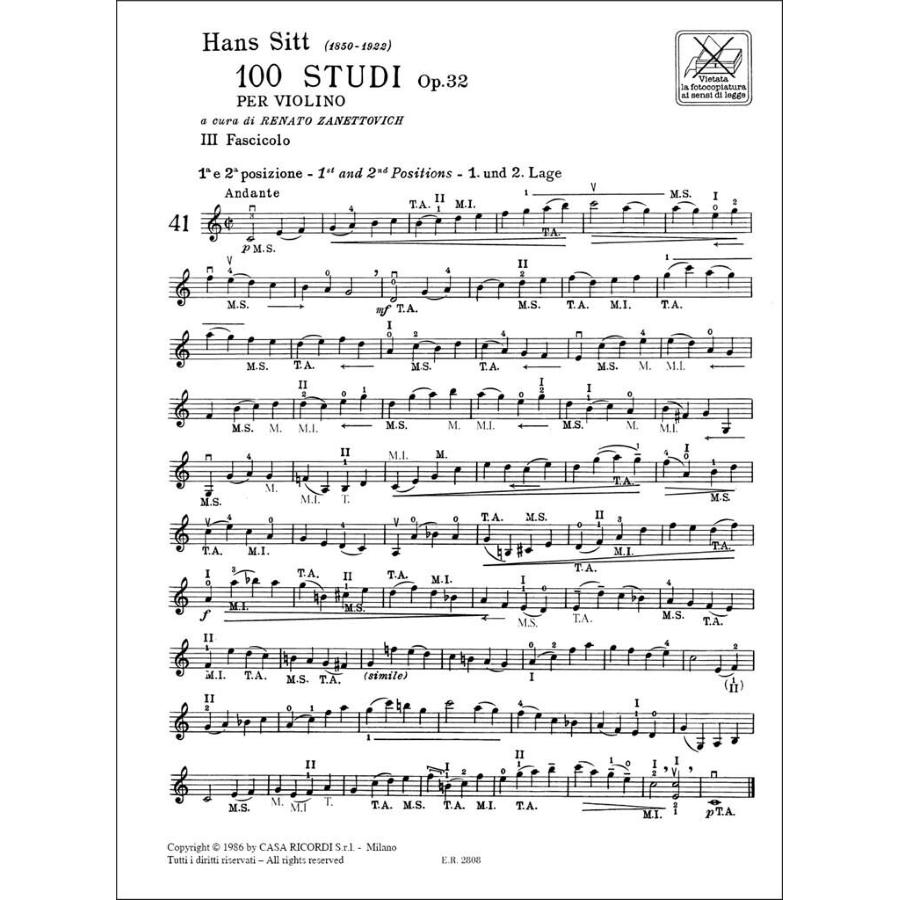 Hans Sitt 100 Studi Op. 32 per Violino - Volume 3